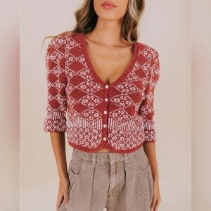 Free People Womens Geo Floral Cardi Orchid Cinnamon Cropped Sweater L